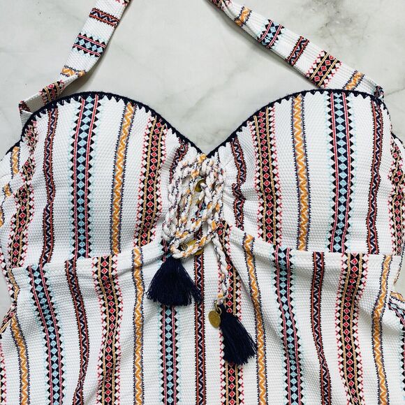 Jessica Simpson White Striped Texture Underwire Halter Tankini Top Blue Orange S - Picture 3 of 6